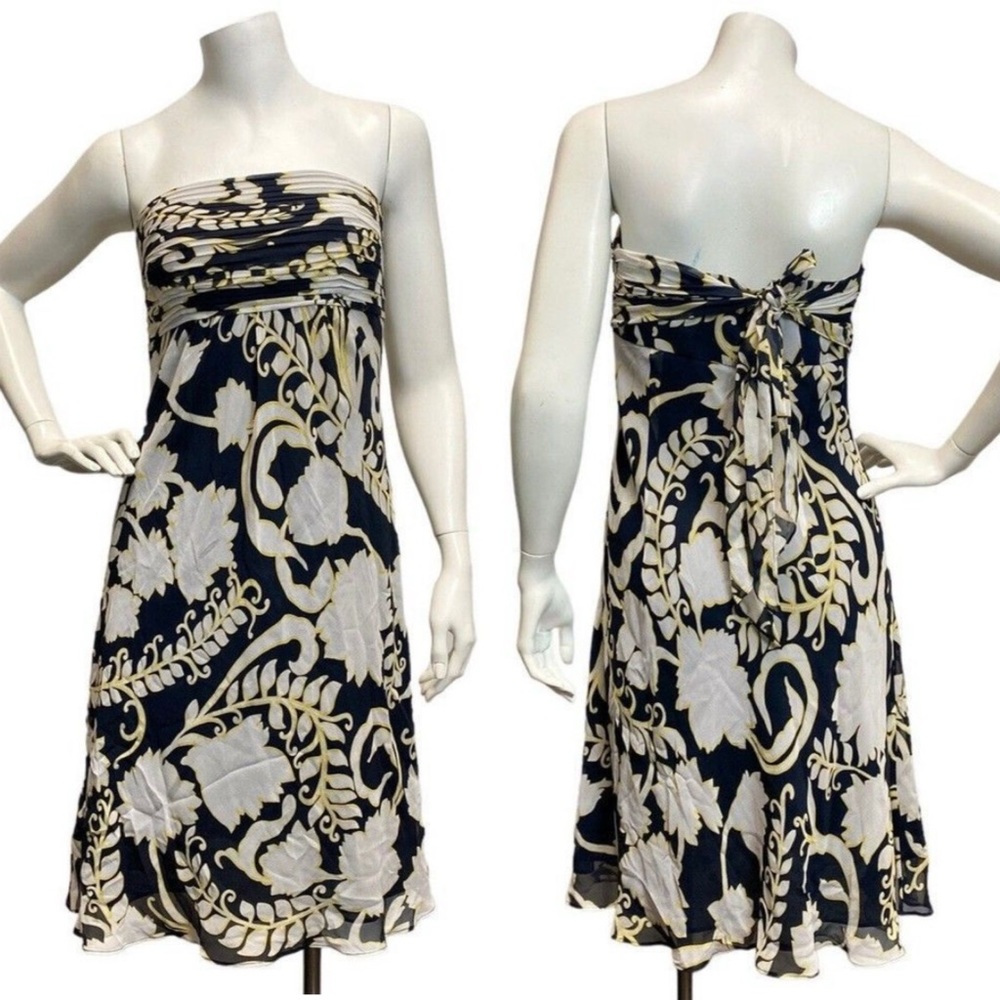ANN TAYLOR Silk Dress Wome Sz 4 White Black Yellow Floral Strapless Homecoming